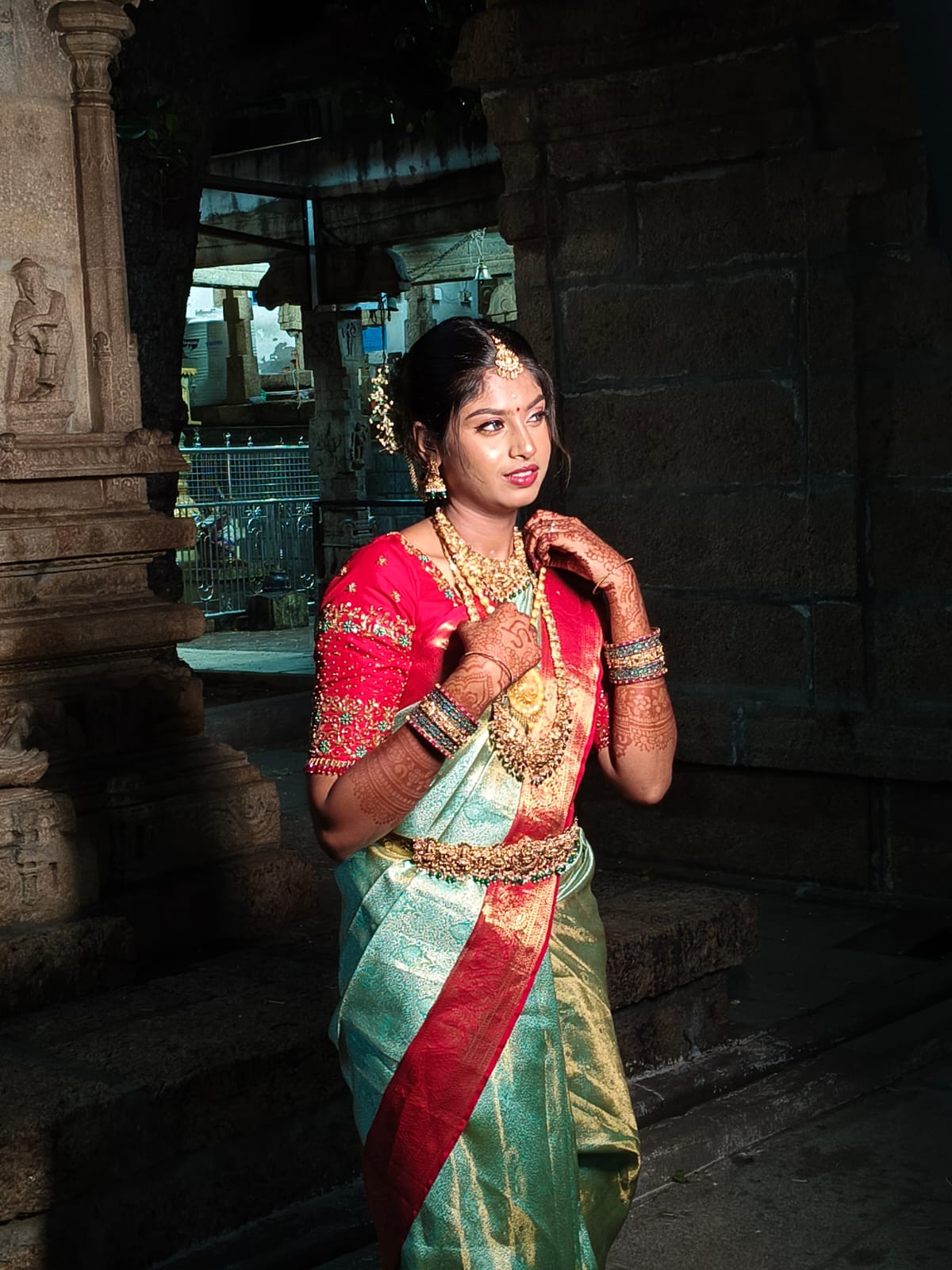 Bride portrait at temple after bridal makeover