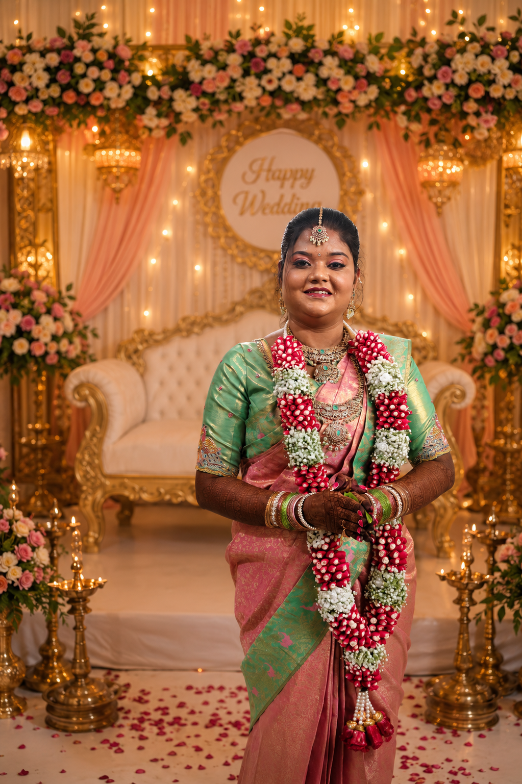 Bride at reception stage after makeover